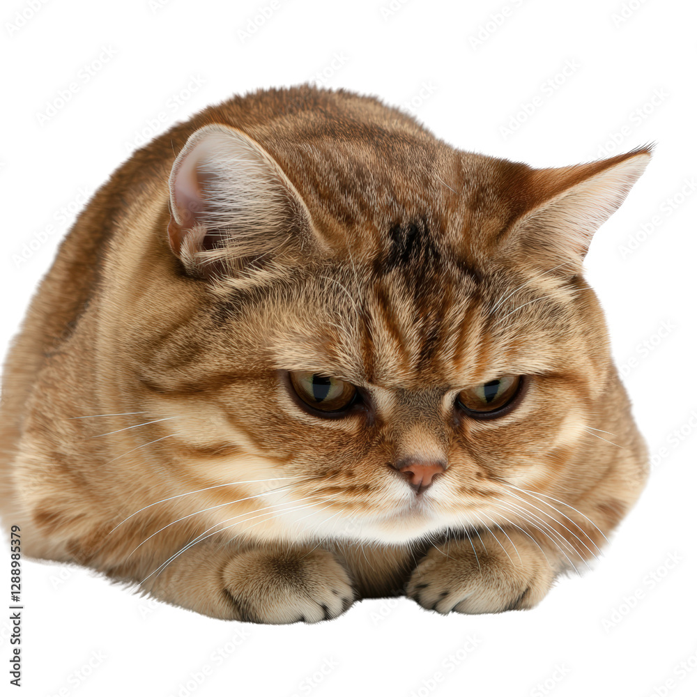 Close-up of a domestic cat with striking fur pattern against a solid black background isolated on transparent background.. Close-up of a domestic cat with striking fur pattern against a solid black background isolated on transparent background..