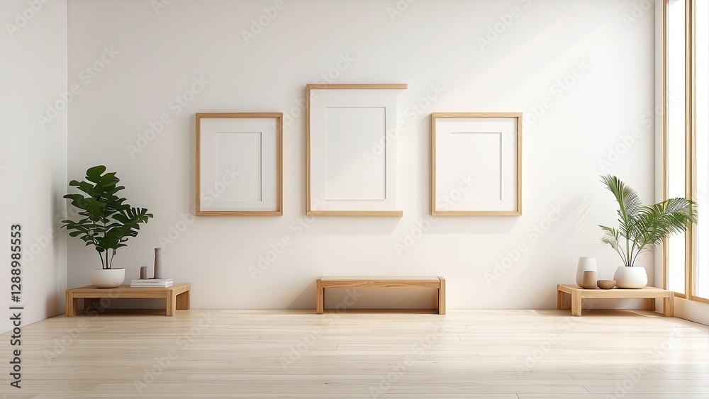 Three blank white frames with light wooden borders leaning against a white wall on a wooden parquet floor. Three blank white frames with light wooden borders leaning against a white wall on a wooden parquet floor.