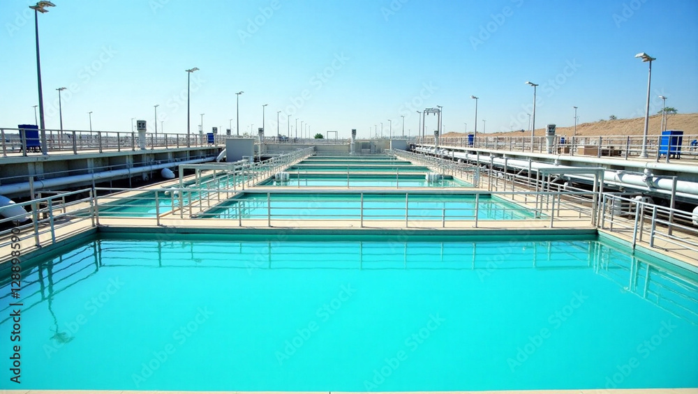Aerial view of water treatment facility with multiple rectangular basins