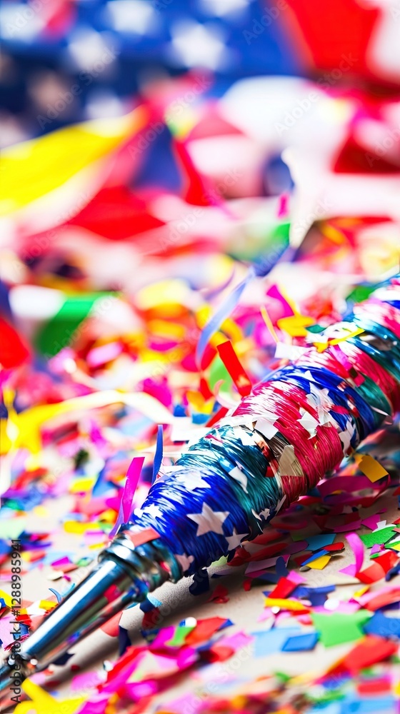 Fototapeta premium Vibrant Colorful Confetti Celebration with Festive Party Horn for Joyful Events