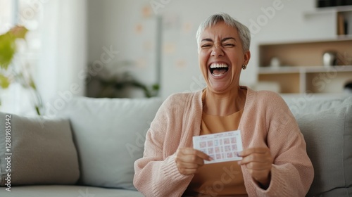 A woman sitting on a sofa in her living room, smiling and holding her winning lottery ticket. Featuring joy and excitement