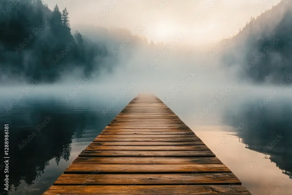 Fototapeta premium Tranquil wooden pier extending into misty lake at sunrise