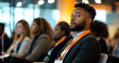 Un homme afro-américain adulte portant une barbe, vêtu d'un costume, assis au premier rang du public lors d'une conférence ou d'une réunion de travail. photo