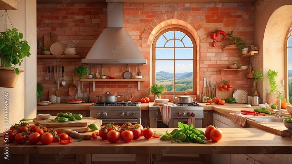 A wooden cutting board is placed on a kitchen countertop with a bunch of fresh tomatoes and green basil leaves to the left