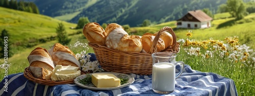 Une table avec une nappe bleue et blanche avec du beurre, du pain et du lait sur fond de prairies verdoyantes dans les montagnes, en été.