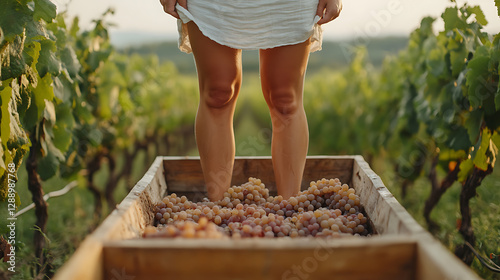Woman crushing grapes in a wooden vat in a vineyard. Traditional winemaking process. Aromatic grapes, sunshine and summer vibes. Harvest time!