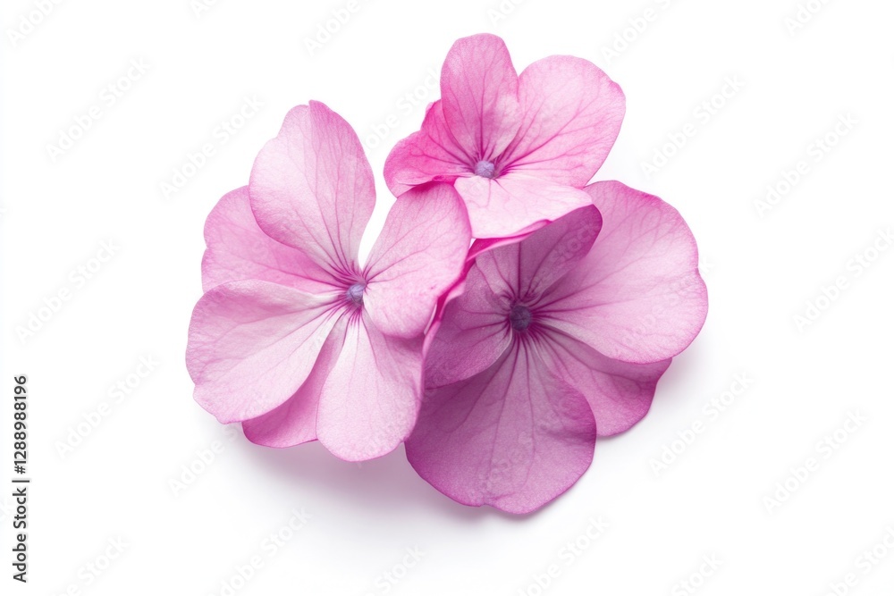Obraz premium A detailed view of a pink flower on a white background, suitable for use in designs and illustrations where a small, delicate bloom is needed