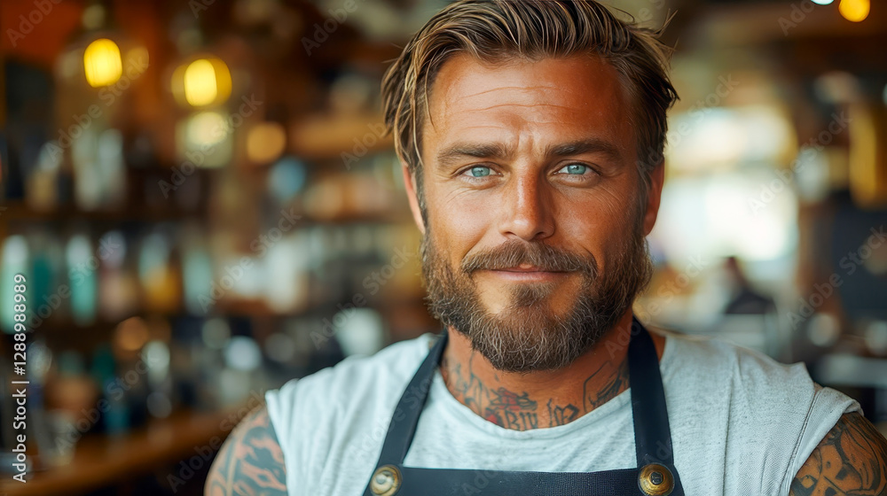 A barber with a well-groomed beard and tattoos stands in front of a classic barbershop mirror A barber with a well-groomed beard and tattoos stands in front of a classic barbershop mirror