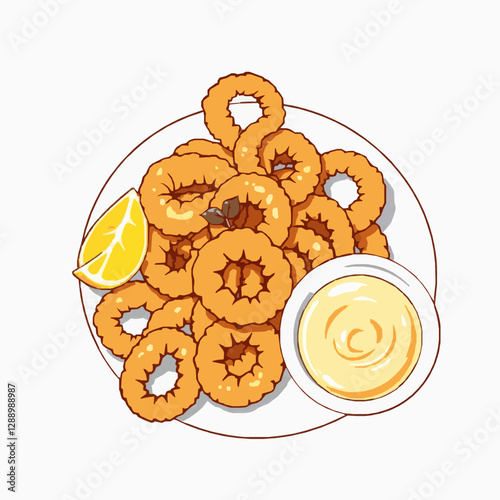 golden fried calamari with lemon wedges vector illustration
