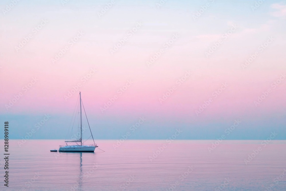 Naklejka premium A sailboat on calm water under a pastel sky. The serene scene reflects tranquility and minimalism, evoking a sense of peace and adventure on the open sea.