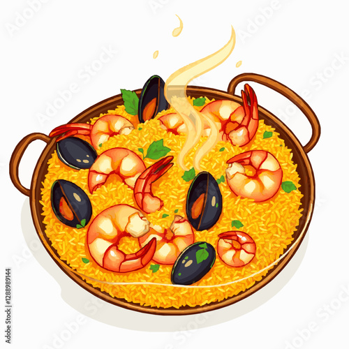 fresh bowl of seafood paella with shrimp and mussels vector illustration