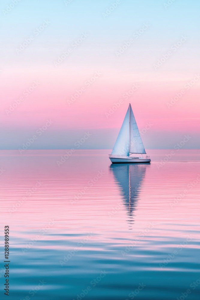 Obraz premium A sailboat on calm water under a pastel sky. The serene scene reflects tranquility and minimalism, evoking a sense of peace and adventure on the open sea.