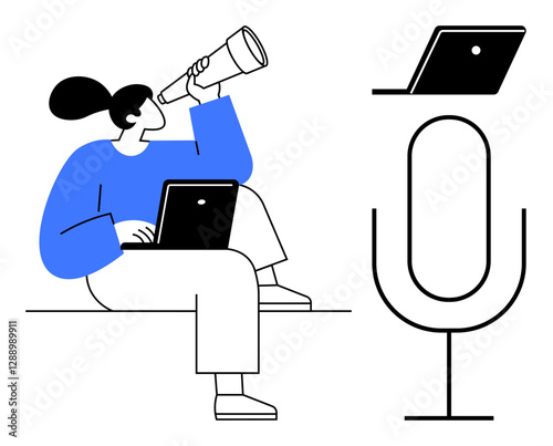 Person using a telescope while holding a laptop, adjacent to a large microphone, and a tablet in use. Ideal for remote work, online communication, content creation, digital learning, virtual