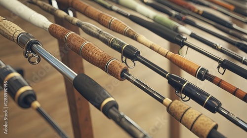 A clean display of fishing rods for recreational services. background