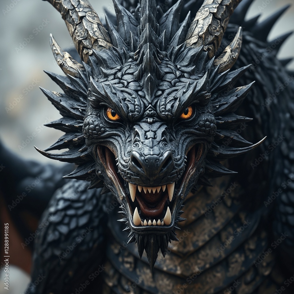 Mystical portrait of a screaming black dragon, power and rage Mystical portrait of a screaming black dragon, power and rage