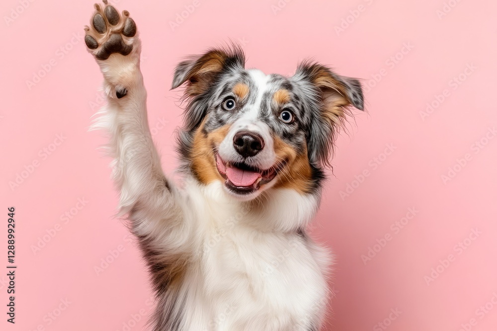 Playful Australian Shepherd dog posing on vibrant background with expressive faces. Playful Australian Shepherd dog posing on vibrant background with expressive faces.
