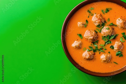 Creamy orange soup garnished with meatballs and fresh herbs on v