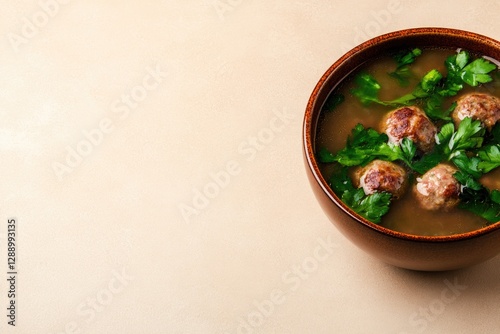 Warm broth with meatballs and fresh greens in rustic bowl, invit