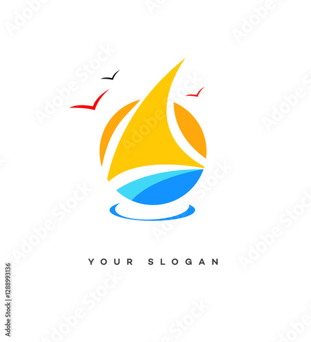 Sunset Sailboat Logo Design Ocean, Summer, Vacation, Travel, Cruise