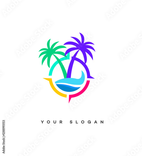 Vibrant Tropical Getaway Palm Trees, Ocean, Compass, Travel Logo