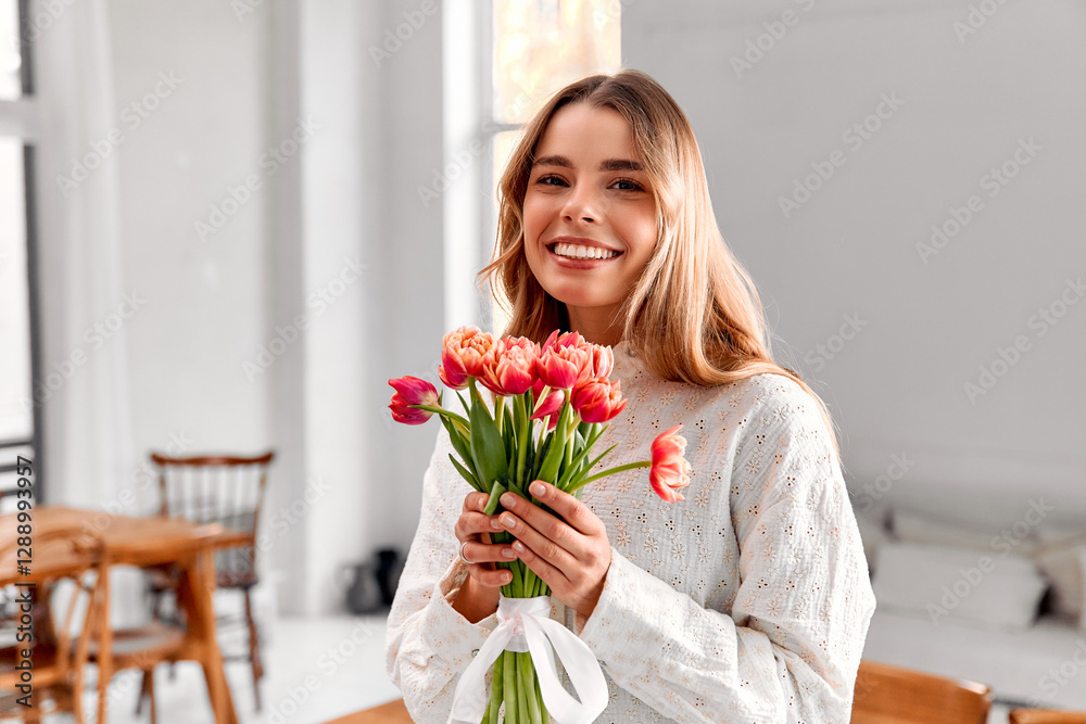 Smiling woman with tulip bouquet. A cheerful young woman in a white blouse holds a bouquet of red and orange tulips tied with a white ribbon. Smiling woman with tulip bouquet. A cheerful young woman in a white blouse holds a bouquet of red and orange tulips tied with a white ribbon.