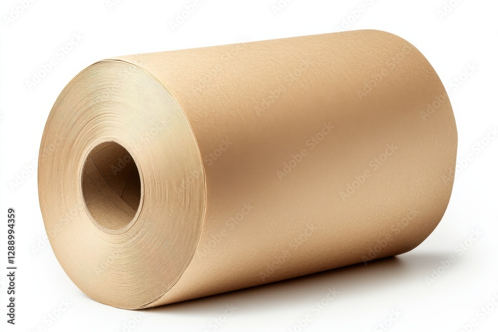 Fototapeta premium Brown kraft paper roll sits on a white surface used for crafting, packaging, and art projects in a well-lit workspace