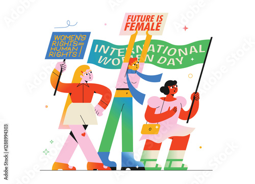 Three diverse women hold protest signs with feminist slogans. A colorful vector illustration on a white background, perfect for websites, social campaigns, and animations