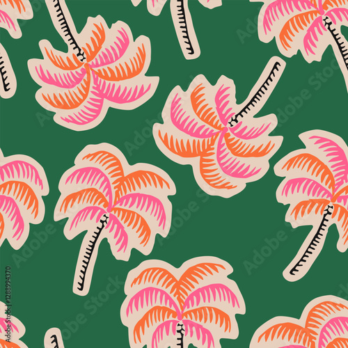 Tropical seamless pattern with hand drawn palm trees. Hawaiian florals summer background for fabric, textiles, clothing, poster, cover, decoration, banner, wallpaper, interior. Vector illustration.