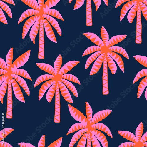 Tropical seamless pattern with hand drawn palm trees. Hawaiian florals summer background for fabric, textiles, clothing, poster, cover, decoration, banner, wallpaper, interior. Vector illustration.