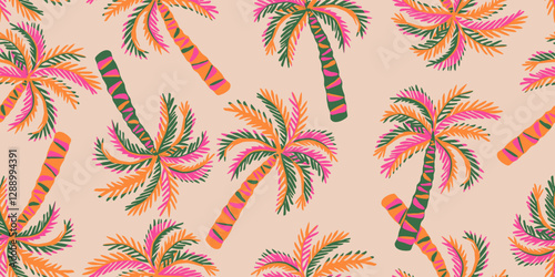 Tropical seamless pattern with hand drawn palm trees. Hawaiian florals summer background for fabric, textiles, clothing, poster, cover, decoration, banner, wallpaper, interior. Vector illustration.