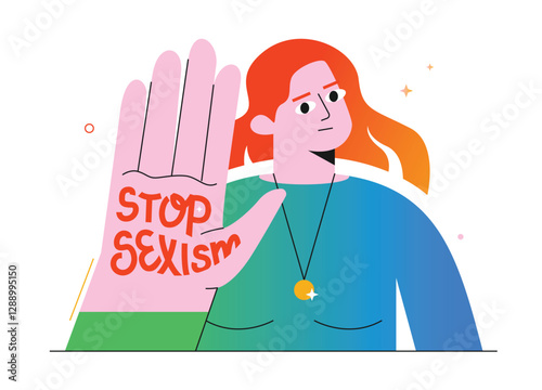 A red-haired woman makes a STOP gesture with "Stop Sexism" written on her palm. A powerful vector illustration on a white background