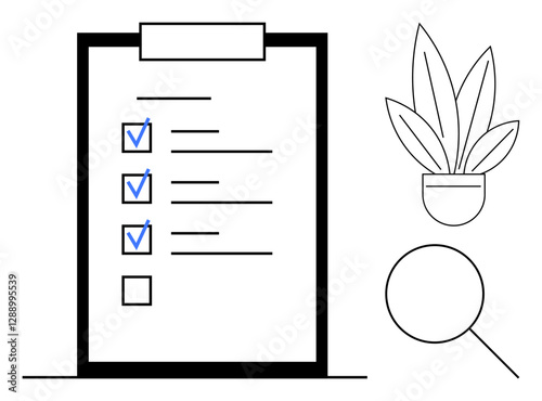 Task checklist with completed items, plant in pot symbolizing growth, magnifying glass for focus and scrutiny. Ideal for productivity, organization, efficiency, goal setting, project management