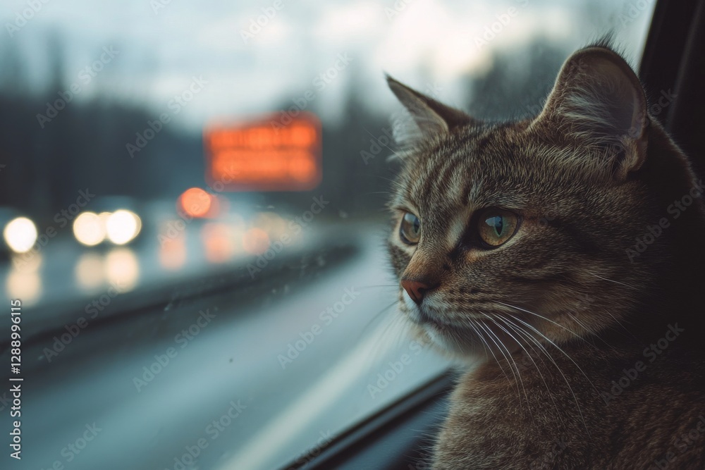 Pensive tabby cat gazing out car window on rainy day Pensive tabby cat gazing out car window on rainy day