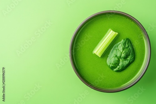Smooth and vibrant green soup garnished with fresh celery and sp