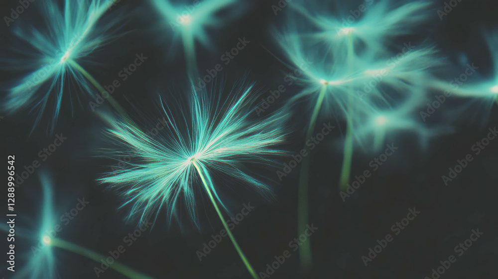 Naklejka premium Tranquil scene of drifting dandelion seeds on soft background for nature designs