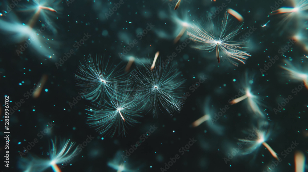 Fototapeta premium Serene background of drifting dandelion seeds in soft focus for peaceful design