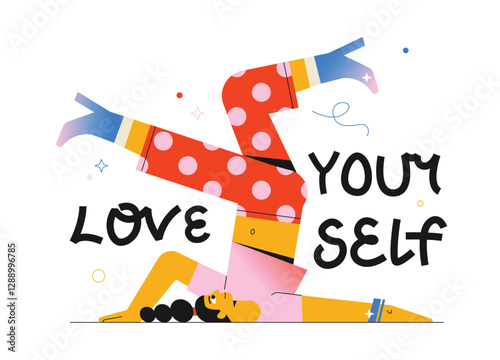 A beautiful, playful woman in a stylish outfit enjoys herself and life with the phrase "Love Yourself" beside her. A lively vector illustration on a white background. 