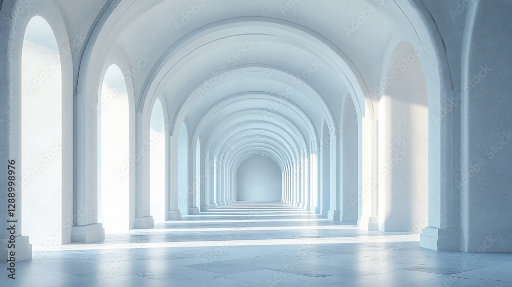 A long corridor with arches leading to a bright white space at the end of the path A long corridor with arches leading to a bright white space at the end of the path