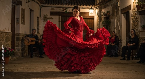 Flamenco dancer in a vibrant red dress performing passionately in a traditional outdoor setting
