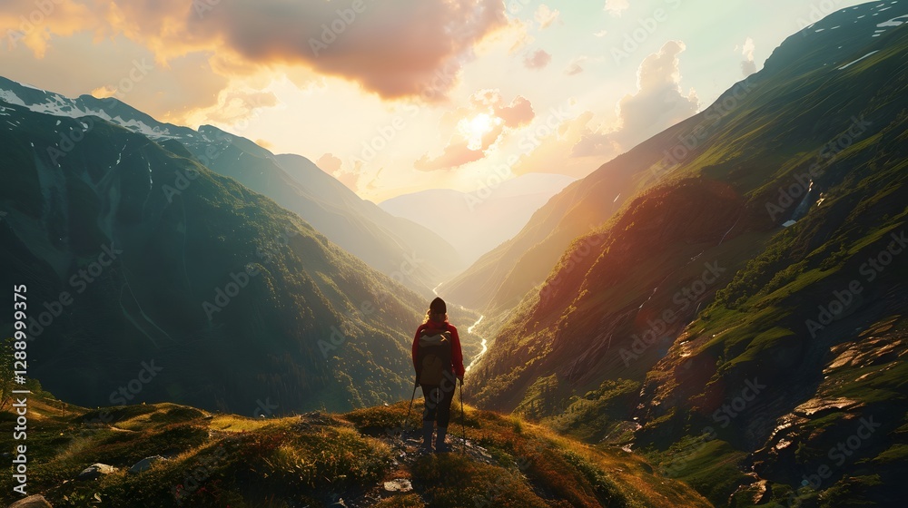 Fototapeta premium Illustration of A breathtaking mountain range with a hiker, carrying a zero waste kit, overlooking a pristine valley, embodying the essence of freedom and sustainable living, dramatic skies.