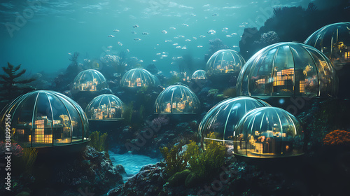 Fototapeta Naklejka Na Ścianę i Meble -  Underwater city nestled in a vibrant coral reef ecosystem, with luminous glass domes. Glass City Underwater. Illustration