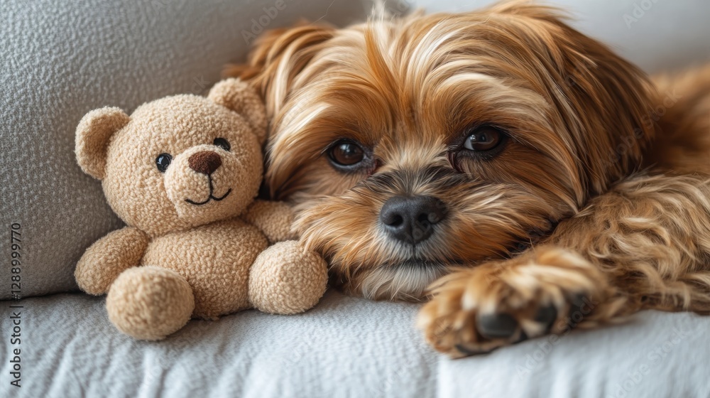 Brown Puppy Resting with Beige Teddy Bear on Grey Fabric Brown Puppy Resting with Beige Teddy Bear on Grey Fabric