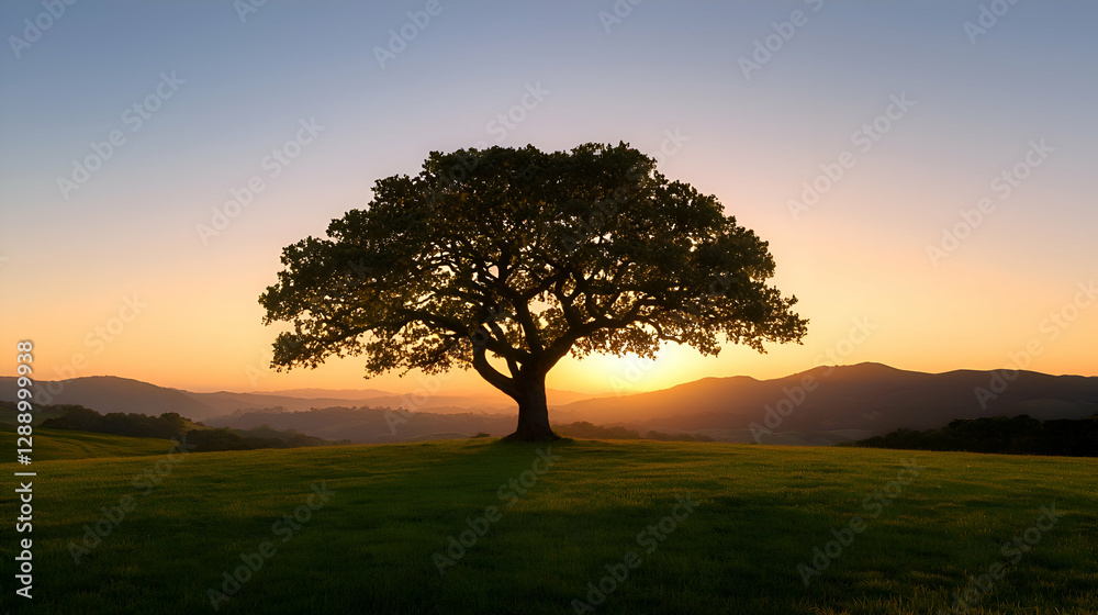 Obraz premium Silhouette of a Large Tree at Sunset Over a Rolling Hilly Landscape
