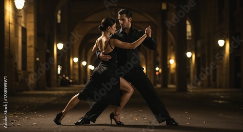 Couple dancing tango with passion at night in elegant urban setting, International Dance Day