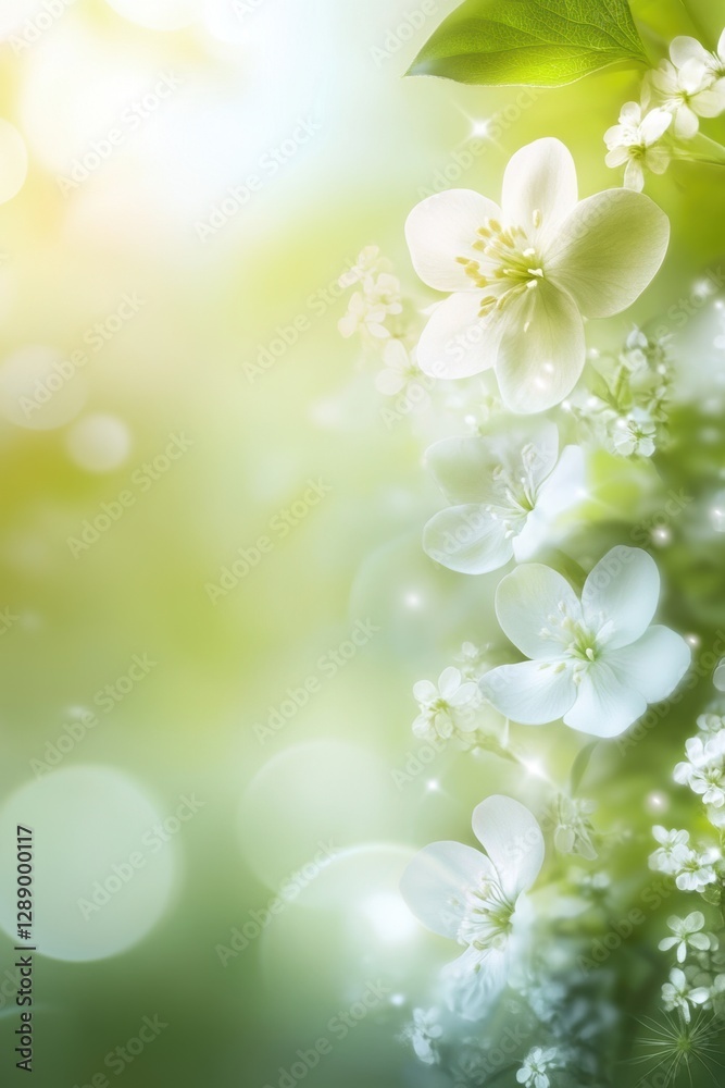 Green theme Spring background with flowers leaves.