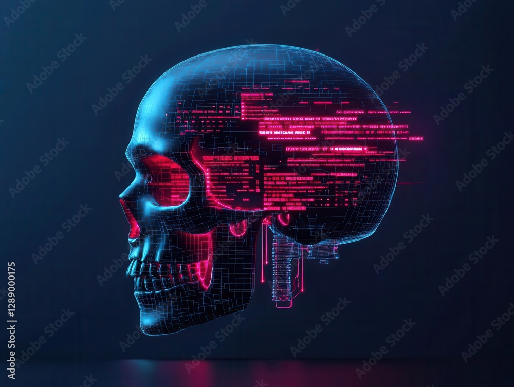 Digital skull appearing on a virtual reality interface, representing ransomware attacks in the metaverse Digital skull appearing on a virtual reality interface, representing ransomware attacks in the metaverse