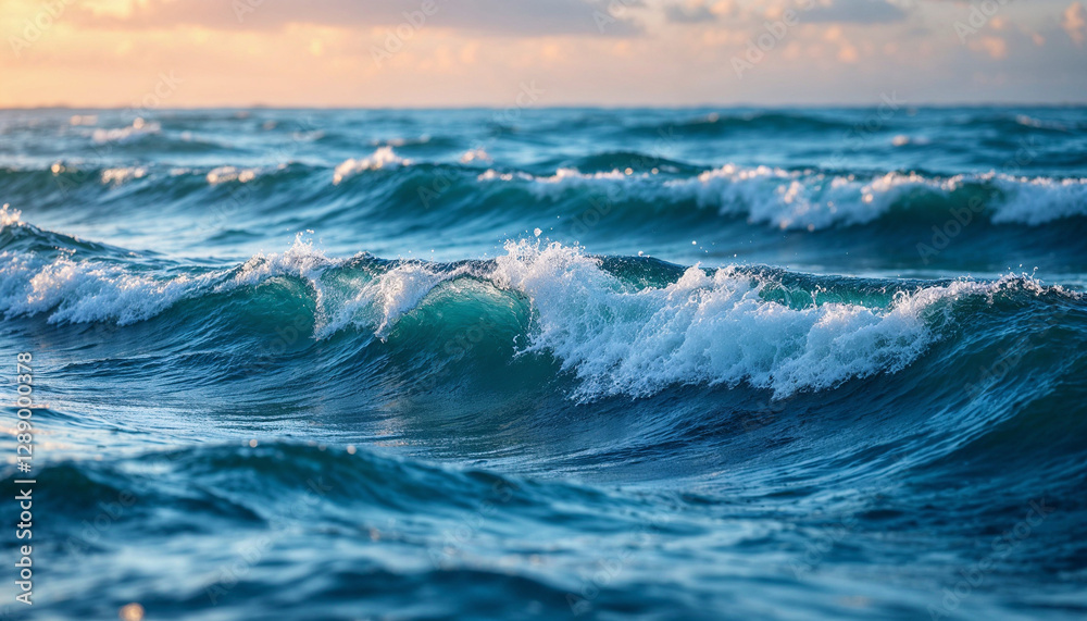 Ocean sea deep blue water with waves crashing and clouds on the horizon Ocean sea deep blue water with waves crashing and clouds on the horizon