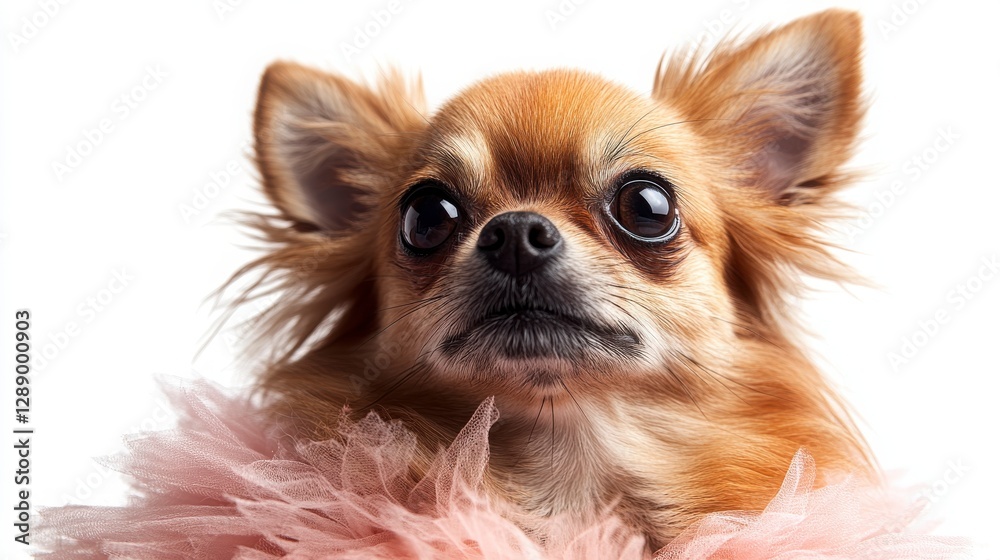 Closeup Portrait of a Brown Longhaired Chihuahua Dog Wearing a Pink Fluffy Collar Against a White Background Closeup Portrait of a Brown Longhaired Chihuahua Dog Wearing a Pink Fluffy Collar Against a White Background