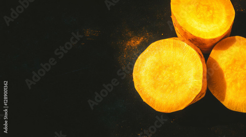 Vibrant yellow halved rutabagas drifting on dark background for culinary design