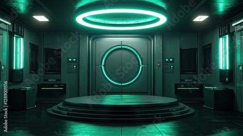 Fototapeta Naklejka Na Ścianę i Meble -  Futuristic spaceship interior, circular platform, teal lighting, metallic walls, potential product display